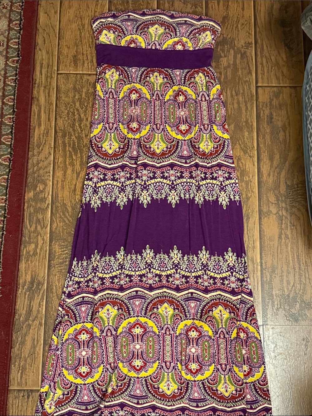 Vintage Forever 21 Purple Strapless Maxi Dress with Yellow and Pink Accents